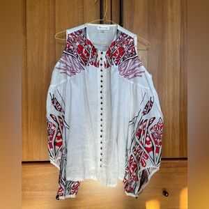 Linen Blouse with Shoulder Cutouts and Ukrainian Embroidery